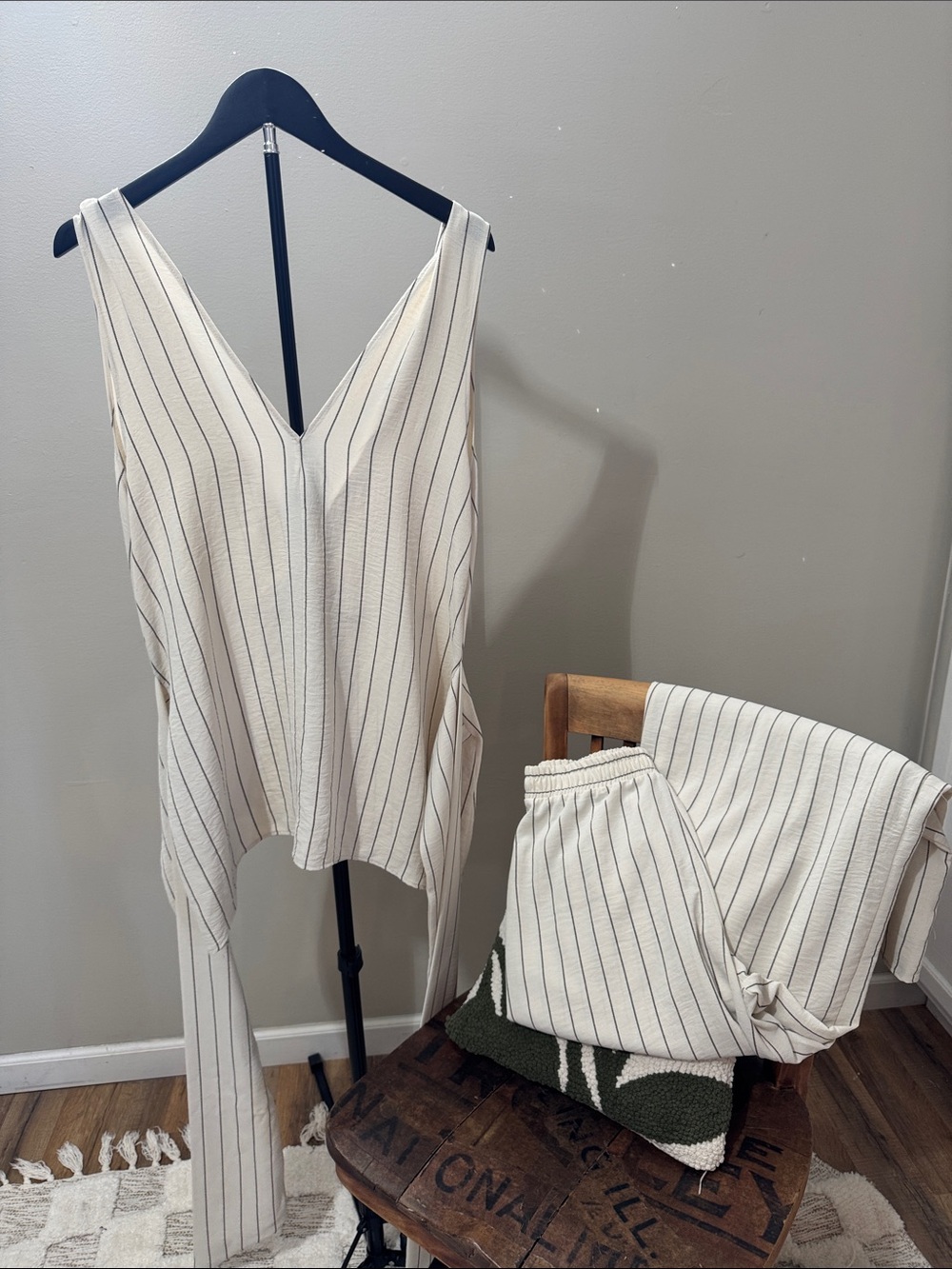 Zara Striped Linen-Blend Wide Leg Pants & Wrap Top Matching Set M